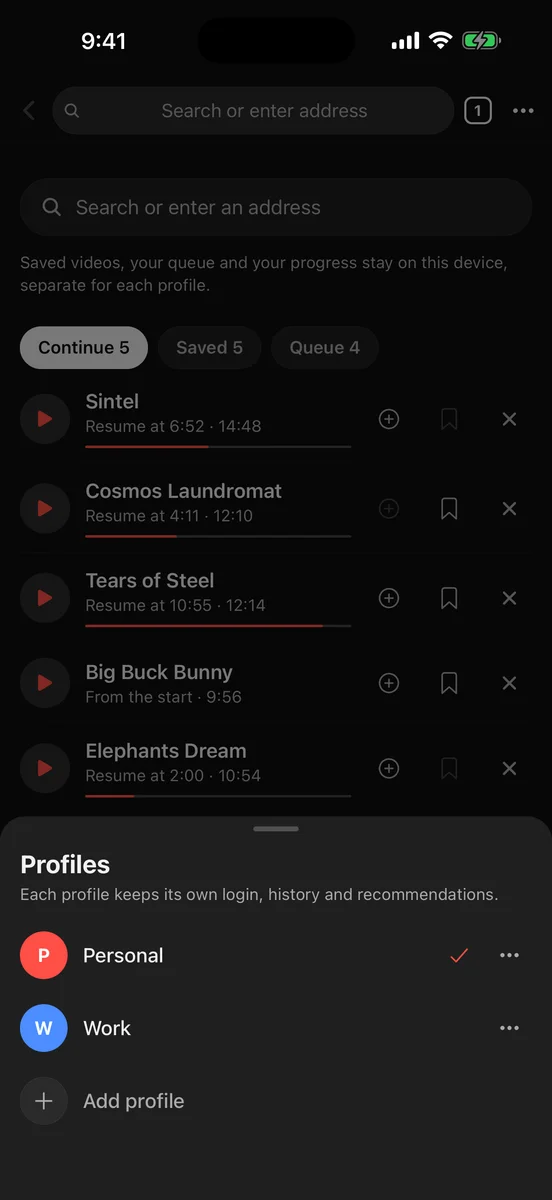 Skipper profile selector with separate accounts and private mode