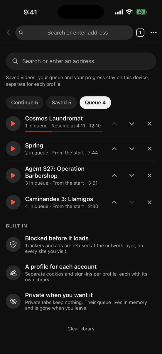 Skipper queue with saved videos and their playback progress